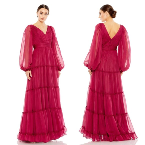 MAC DUGGALRUFFLE TIERED PUFF SLEEVE A LINE GOWN 68198